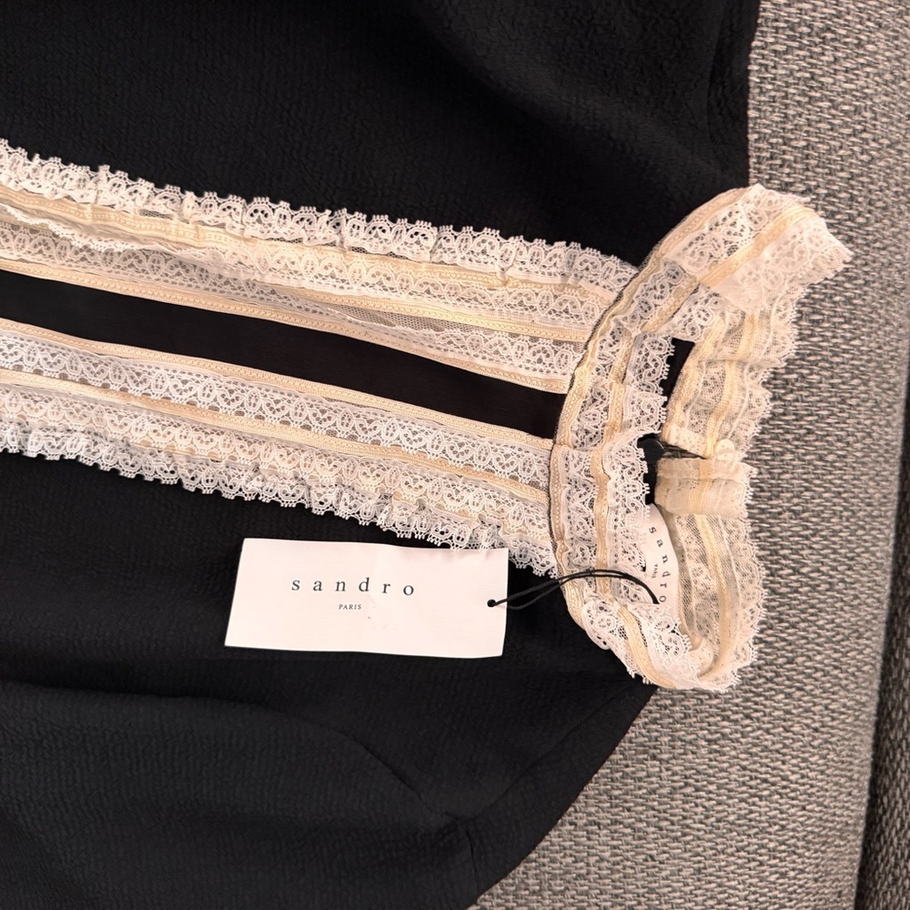 Sandro Black Mini Dress with White Lace Bib Trim Size 34 NWT - Picture 11 of 12